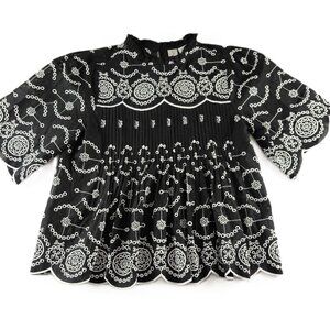 Joie Embroidered Eyelet Short Sleeve Blouse Women's Small Black White Pleated